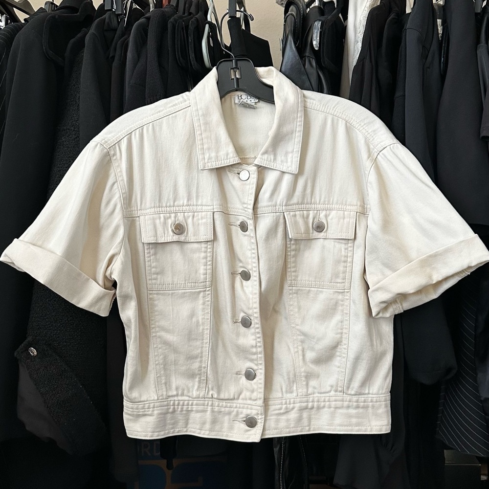 VINTAGE 1990S BCBG JEANS CROPPED UTILITY SHORT SLEEVE SHIRT SIZE-4 XS/S